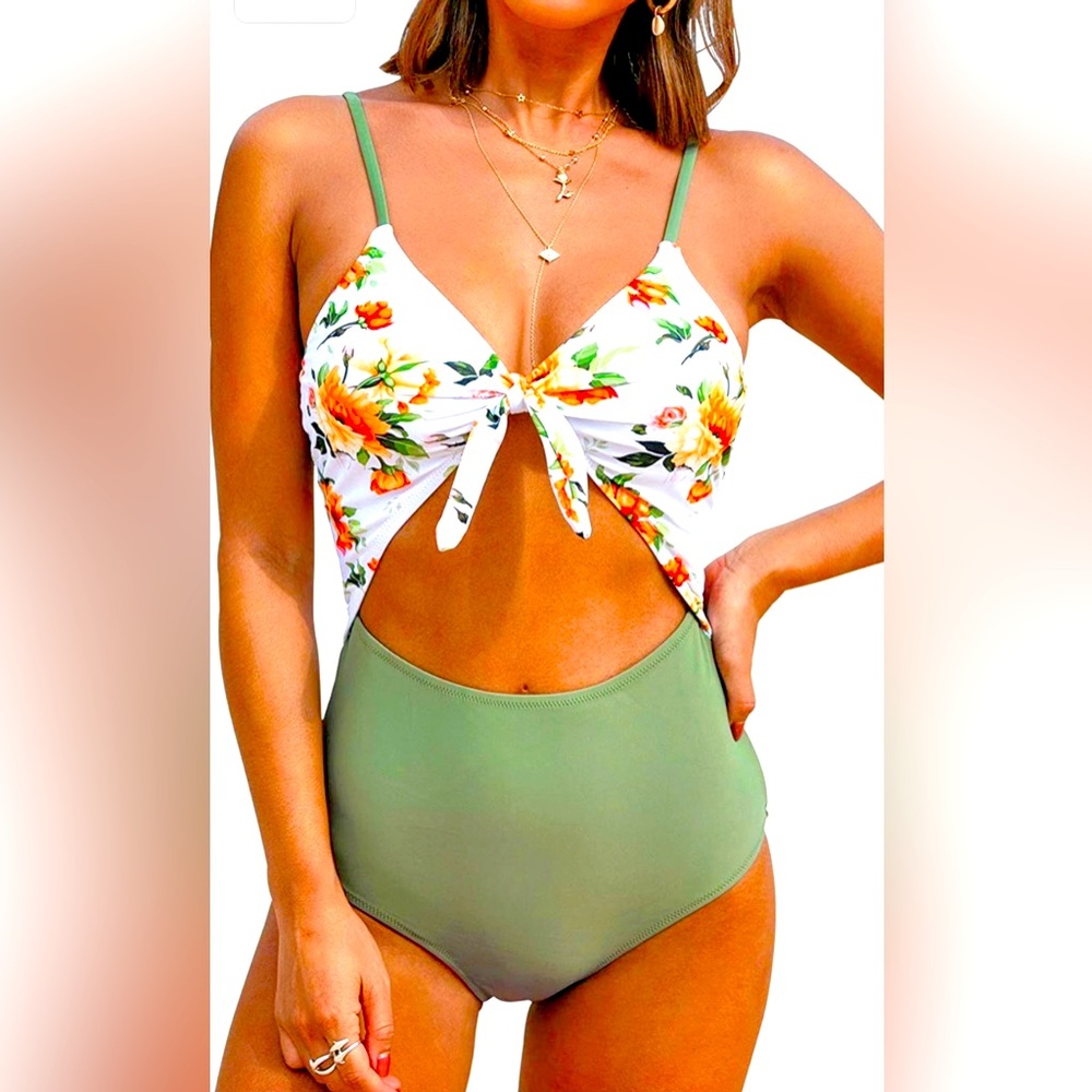 Green and Floral Knotted One Piece Swimsuit